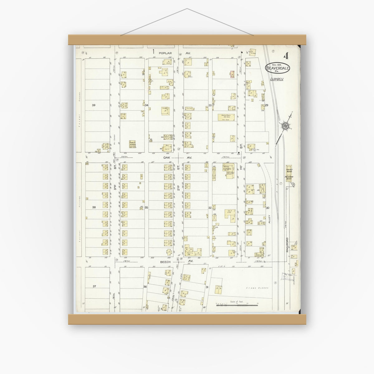 Old map wall art mockup — magnetic wood frame on white wall — Sanborn Fire Insurance Map from Beaverdale, Cambria County, Pennsylvania (1914), Sheet #0004