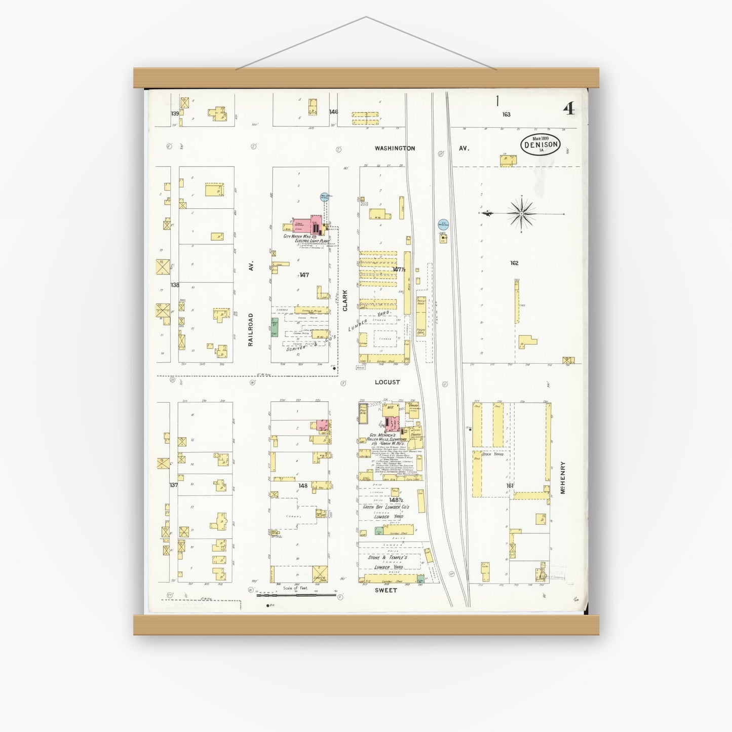 Old map wall art mockup — magnetic wood frame on white wall — Sanborn Fire Insurance Map from Denison, Crawford County, Iowa (1899), Sheet #0004