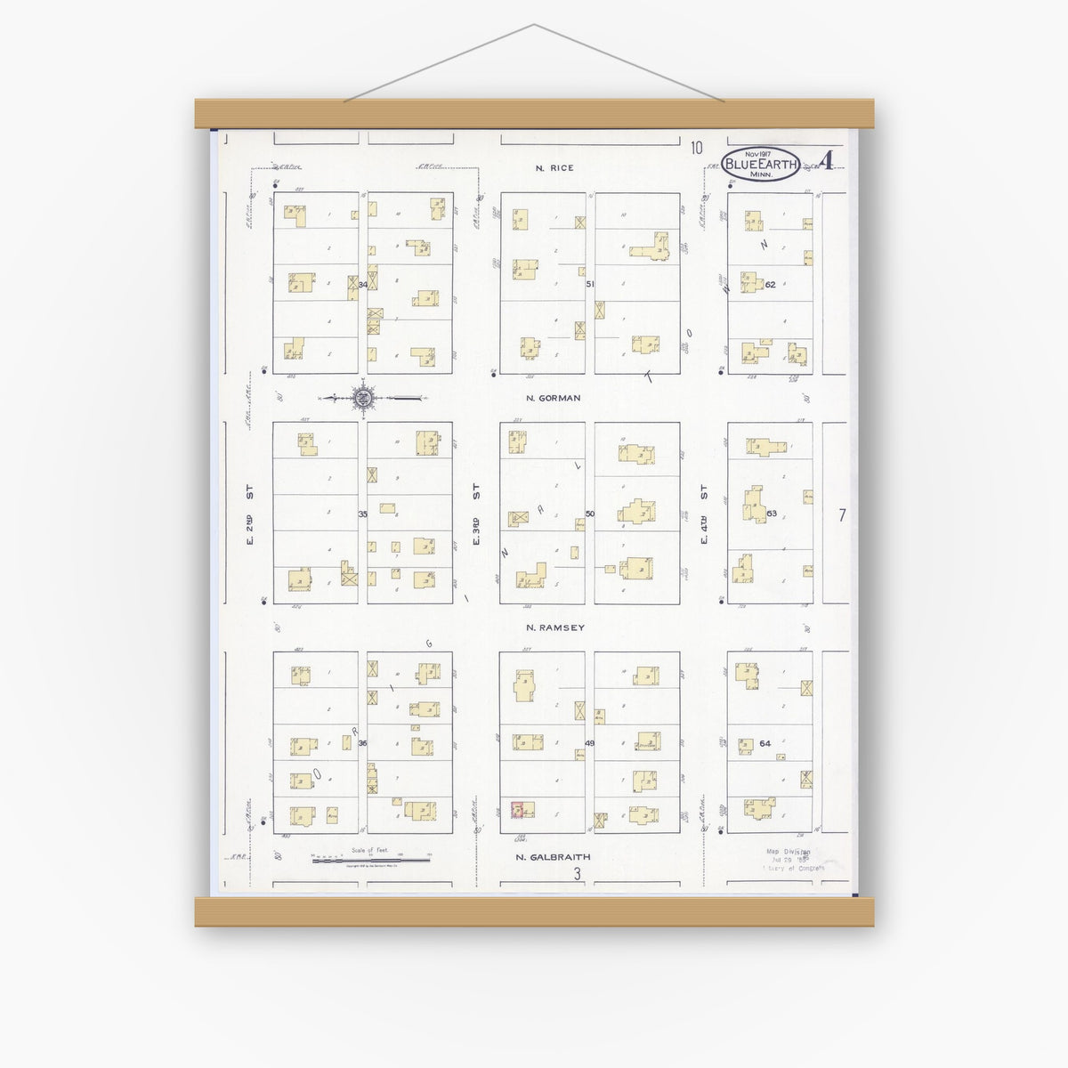 Old map wall art mockup — magnetic wood frame on white wall — Sanborn Fire Insurance Map from Blue Earth, Faribault County, Minnesota (1917), Sheet #0004