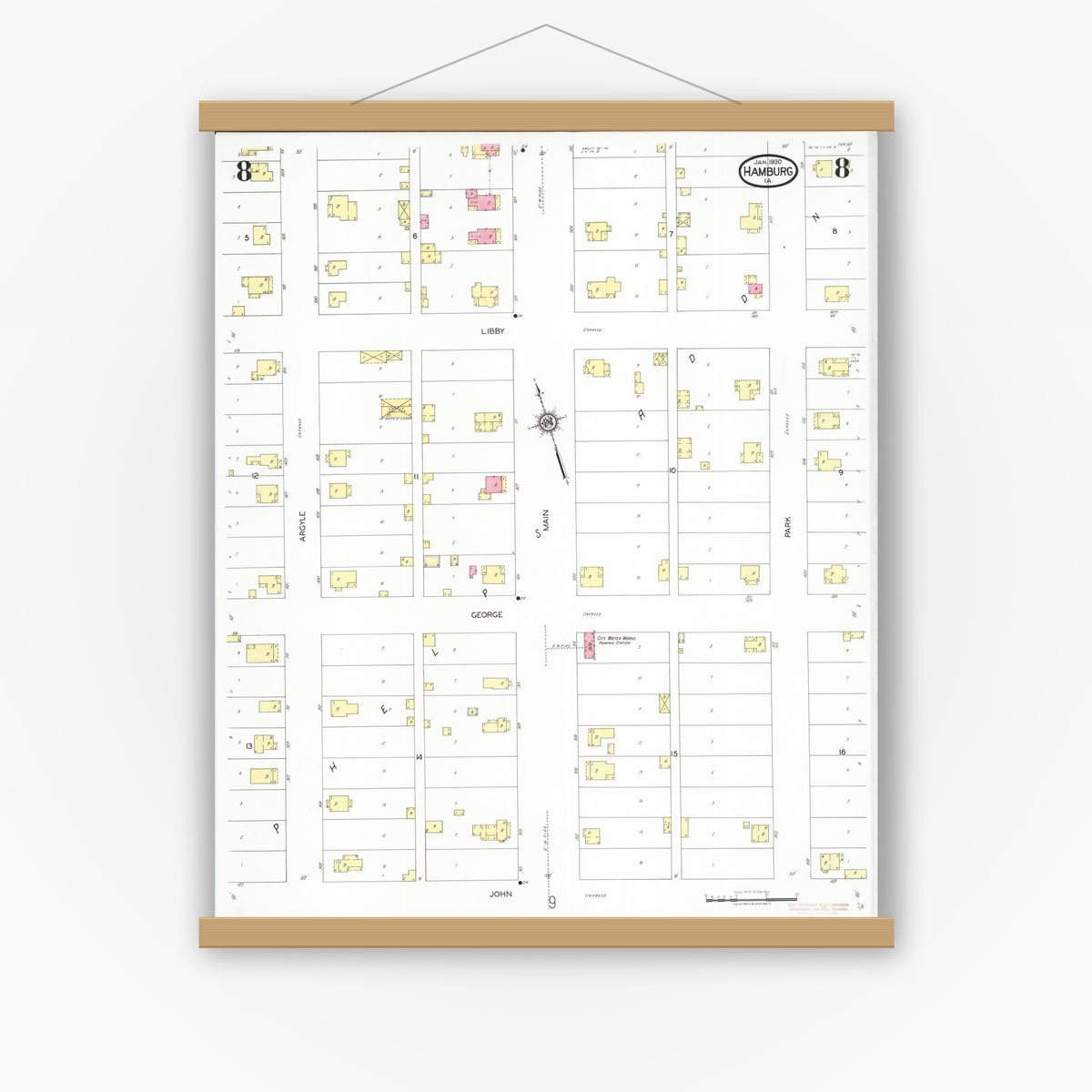 Old map wall art mockup — magnetic wood frame on white wall — Sanborn Fire Insurance Map from Hamburg, Fremont County, Iowa (1930), Sheet #0008
