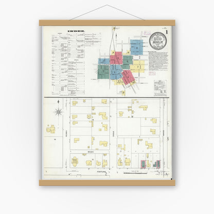 Old map wall art mockup — magnetic wood frame on white wall — Sanborn Fire Insurance Map from Marlin, Falls County, Texas (1909) - Complete Map Set