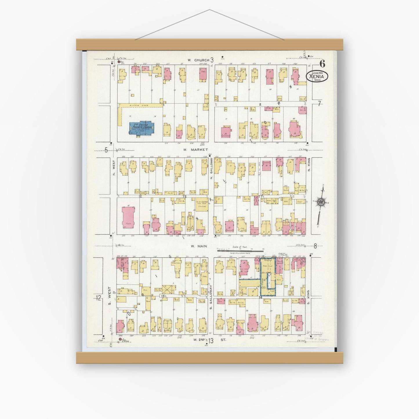 Old map wall art mockup — magnetic wood frame on white wall — Sanborn Fire Insurance Map from Xenia, Greene County, Ohio (1919), Sheet #0006