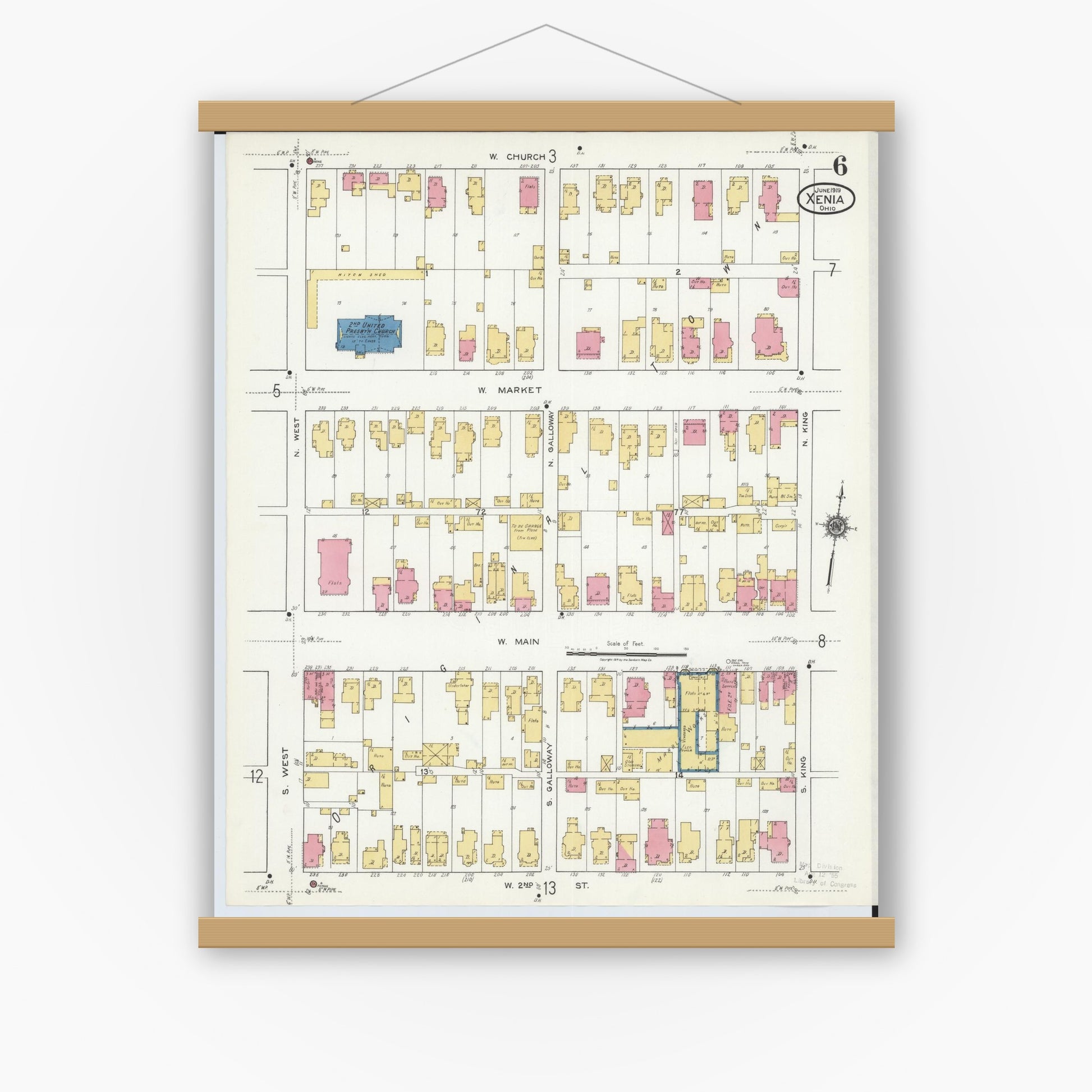 Old map wall art mockup — magnetic wood frame on white wall — Sanborn Fire Insurance Map from Xenia, Greene County, Ohio (1919), Sheet #0006