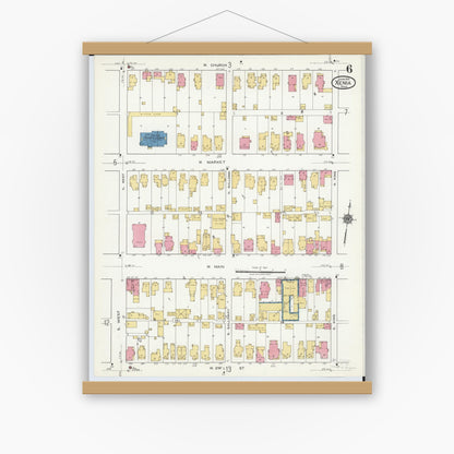 Old map wall art mockup — magnetic wood frame on white wall — Sanborn Fire Insurance Map from Xenia, Greene County, Ohio (1919), Sheet #0006