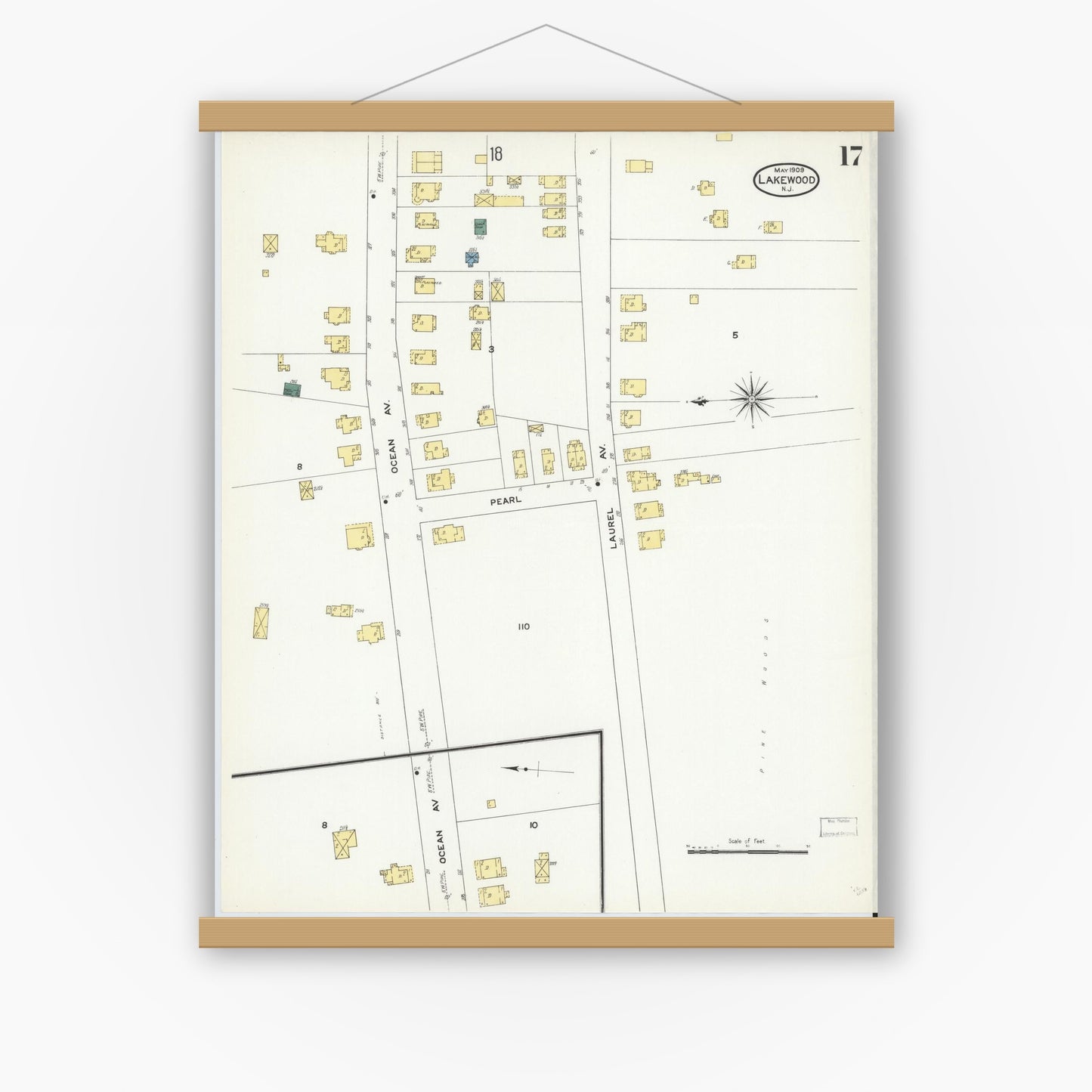Old map wall art mockup — magnetic wood frame on white wall — Sanborn Fire Insurance Map from Lakewood, Ocean County, New Jersey (1909), Sheet #0017
