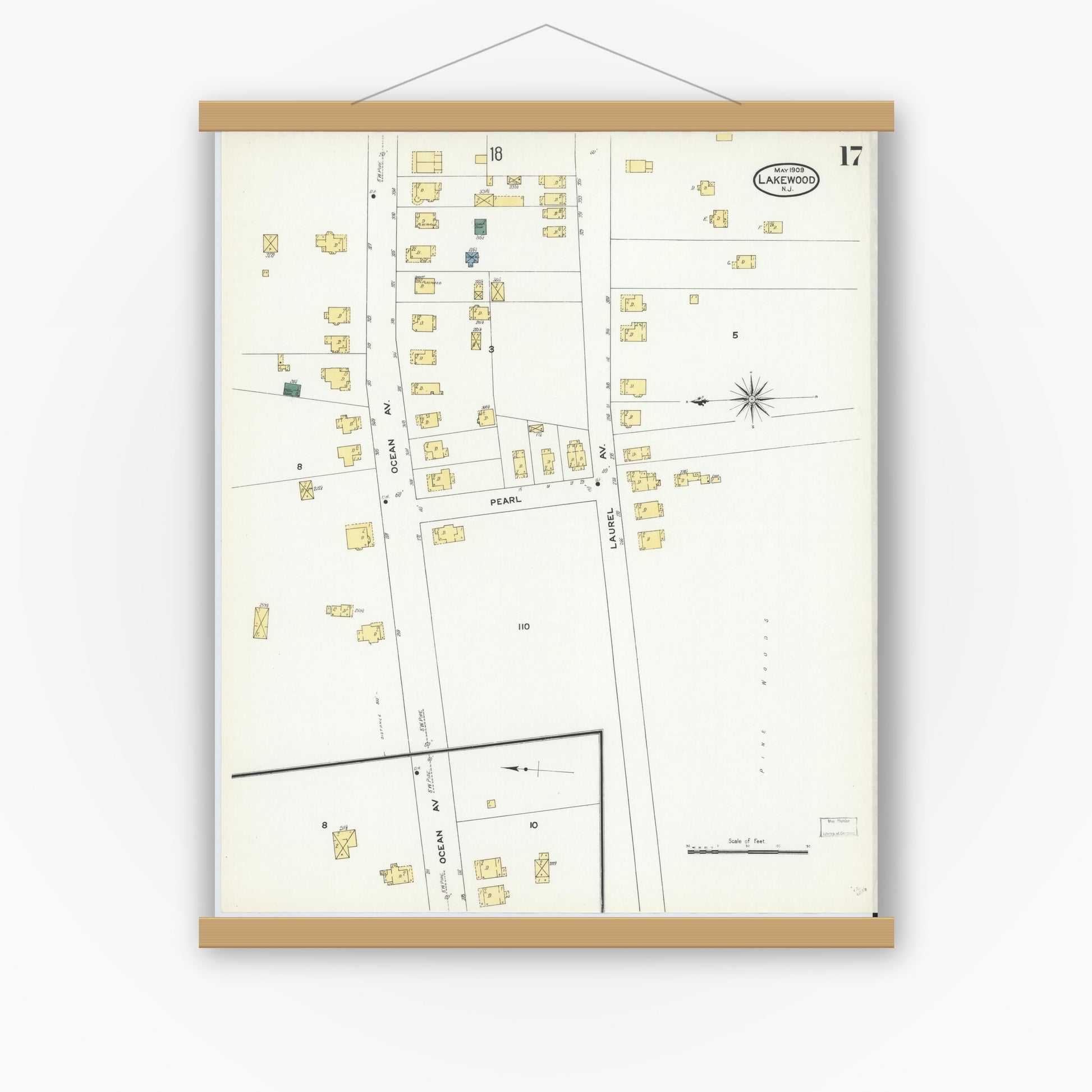 Old map wall art mockup — magnetic wood frame on white wall — Sanborn Fire Insurance Map from Lakewood, Ocean County, New Jersey (1909), Sheet #0017