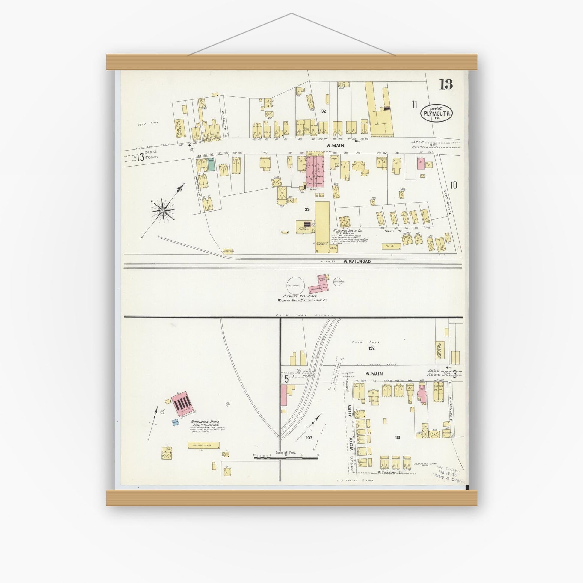 Old map wall art mockup — magnetic wood frame on white wall — Sanborn Fire Insurance Map from Plymouth, Luzerne County, Pennsylvania (1907), Sheet #0013