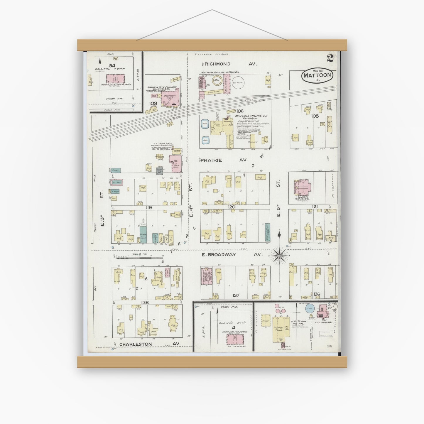 Old map wall art mockup — magnetic wood frame on white wall — Sanborn Fire Insurance Map from Mattoon, Coles County, Illinois (1887), Sheet #0002