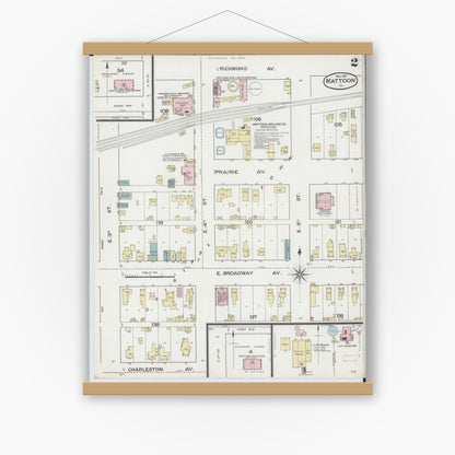 Old map wall art mockup — magnetic wood frame on white wall — Sanborn Fire Insurance Map from Mattoon, Coles County, Illinois (1887), Sheet #0002
