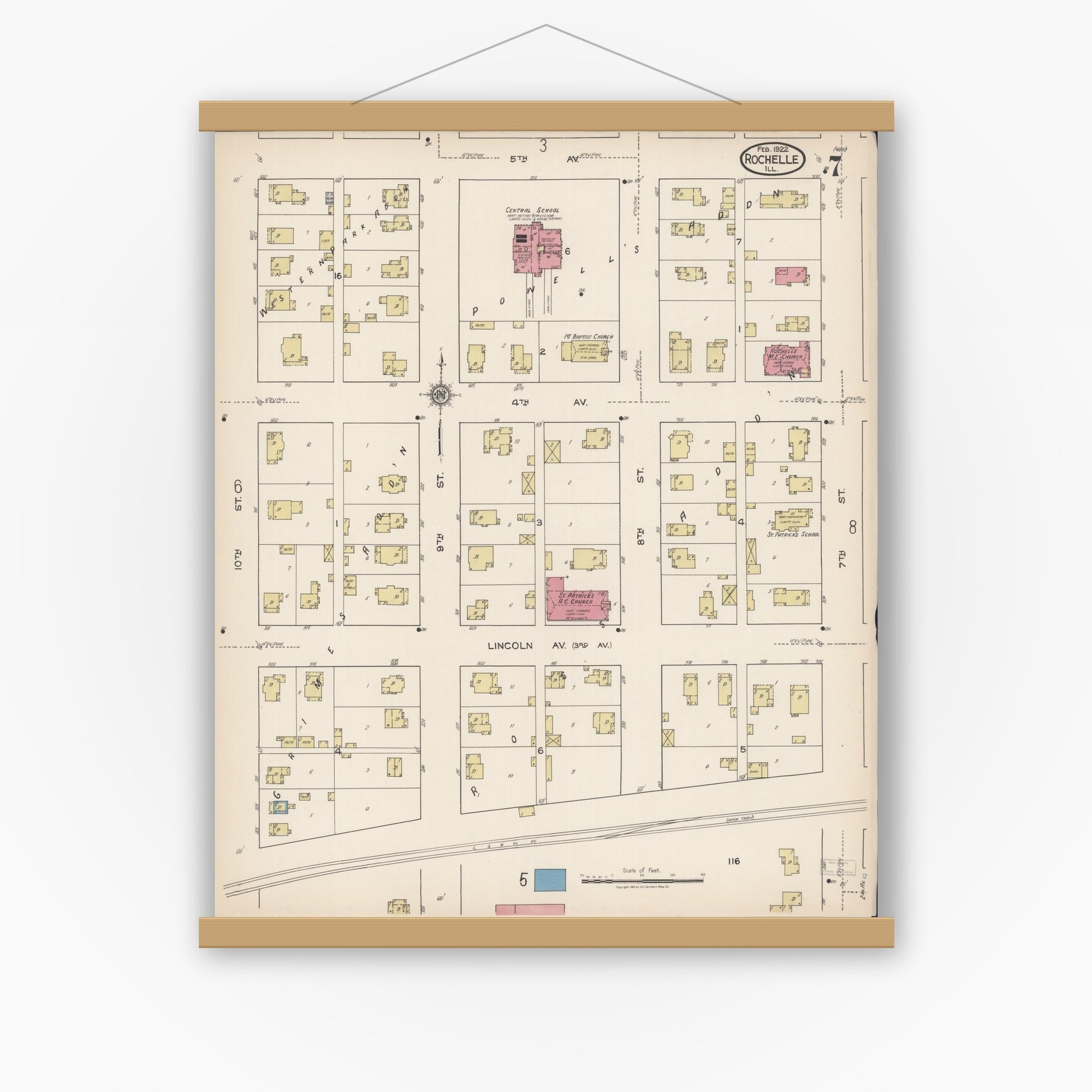 Old map wall art mockup — magnetic wood frame on white wall — Sanborn Fire Insurance Map from Rochelle, Ogle County, Illinois (1922), Sheet #0007