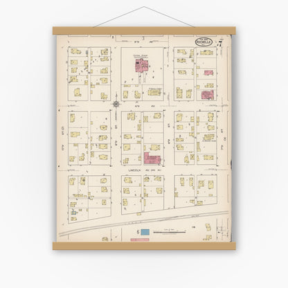 Old map wall art mockup — magnetic wood frame on white wall — Sanborn Fire Insurance Map from Rochelle, Ogle County, Illinois (1922), Sheet #0007