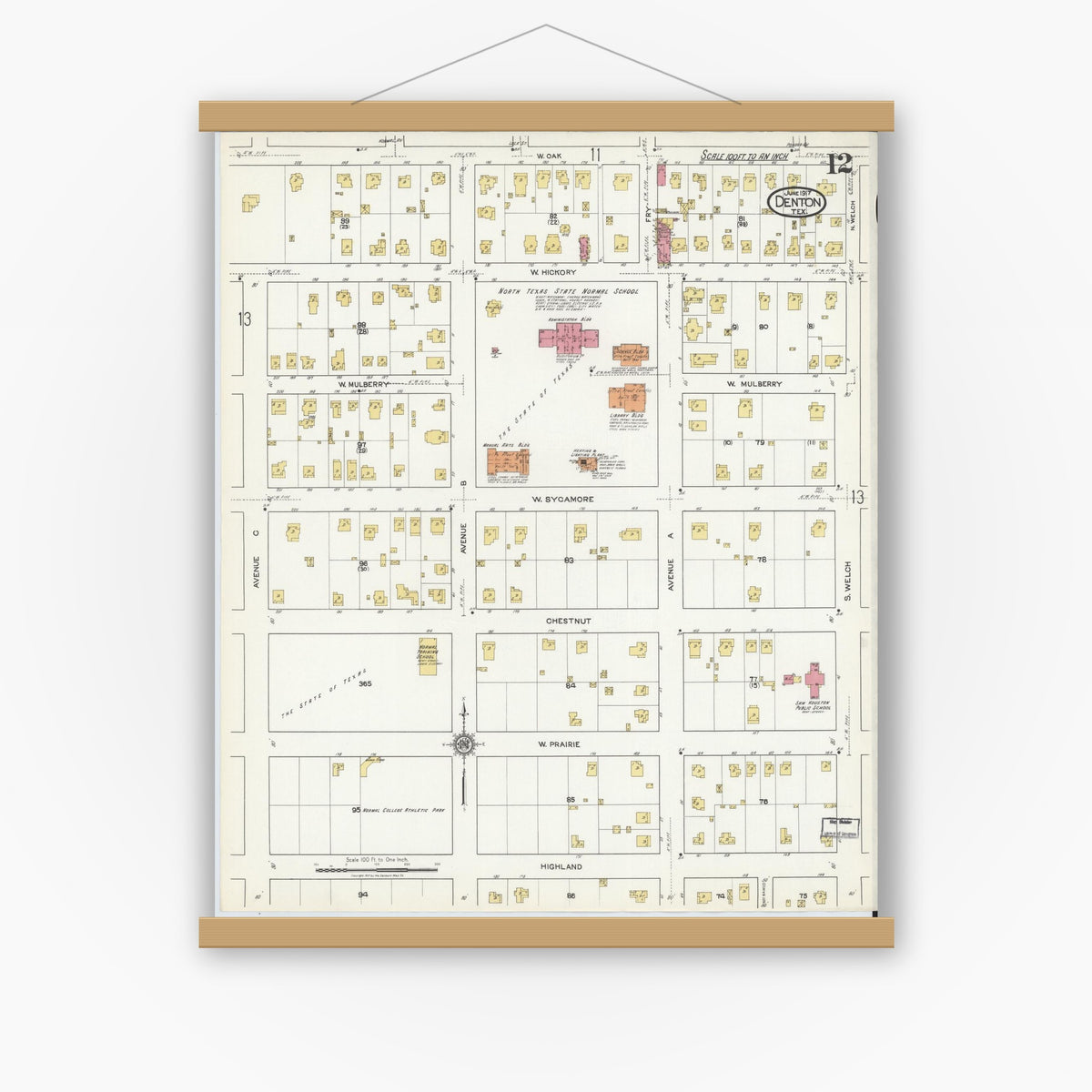 Old map wall art mockup — magnetic wood frame on white wall — Sanborn Fire Insurance Map from Denton, Denton County, Texas (1917), Sheet #0012