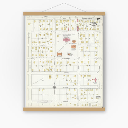 Old map wall art mockup — magnetic wood frame on white wall — Sanborn Fire Insurance Map from Denton, Denton County, Texas (1917), Sheet #0012