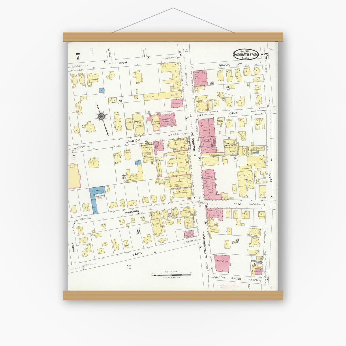 Old map wall art mockup — magnetic wood frame on white wall — Sanborn Fire Insurance Map from North Attleborough, Bristol County, Massachusetts (1924), Sheet #0007