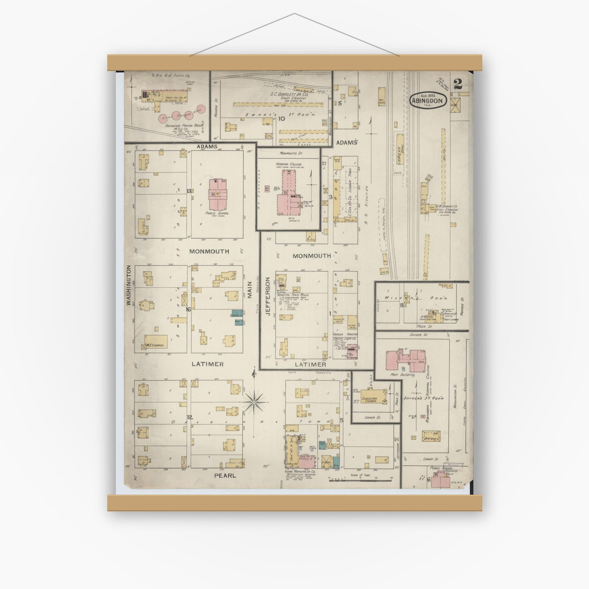 Old map wall art mockup — magnetic wood frame on white wall — Sanborn Fire Insurance Map from Abingdon, Knox County, Illinois (1893), Sheet #0002