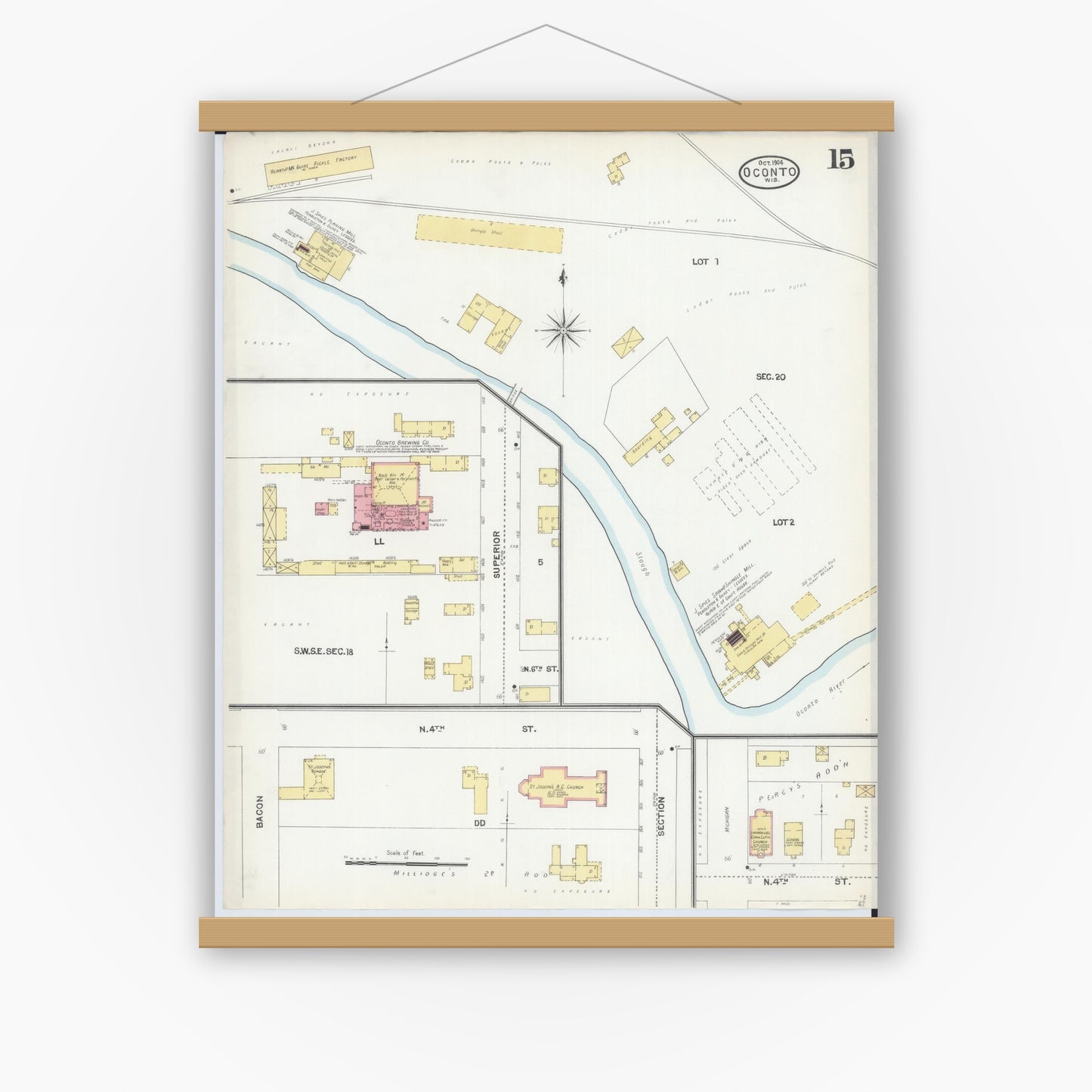 Old map wall art mockup — magnetic wood frame on white wall — Sanborn Fire Insurance Map from Oconto, Oconto County, Wisconsin (1904), Sheet #0015