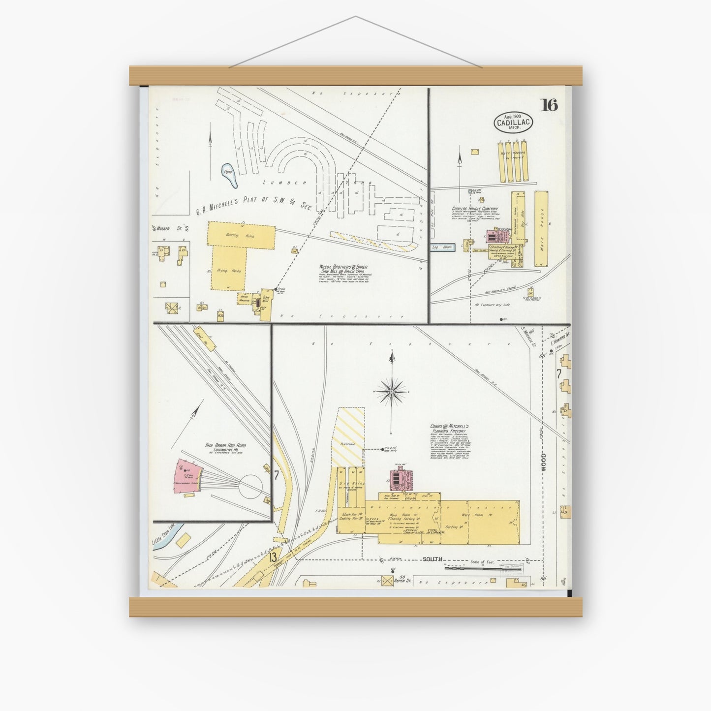 Old map wall art mockup — magnetic wood frame on white wall — Sanborn Fire Insurance Map from Cadillac, Wexford County, Michigan (1900), Sheet #0016