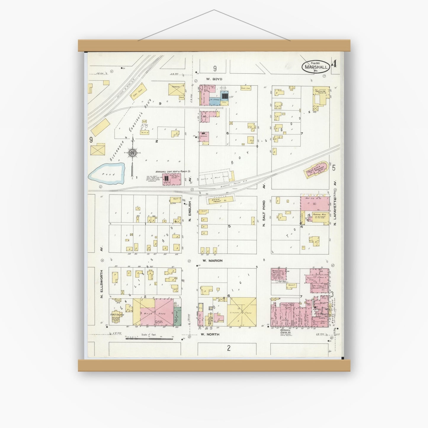 Old map wall art mockup — magnetic wood frame on white wall — Sanborn Fire Insurance Map from Marshall, Saline County, Missouri (1910), Sheet #0004