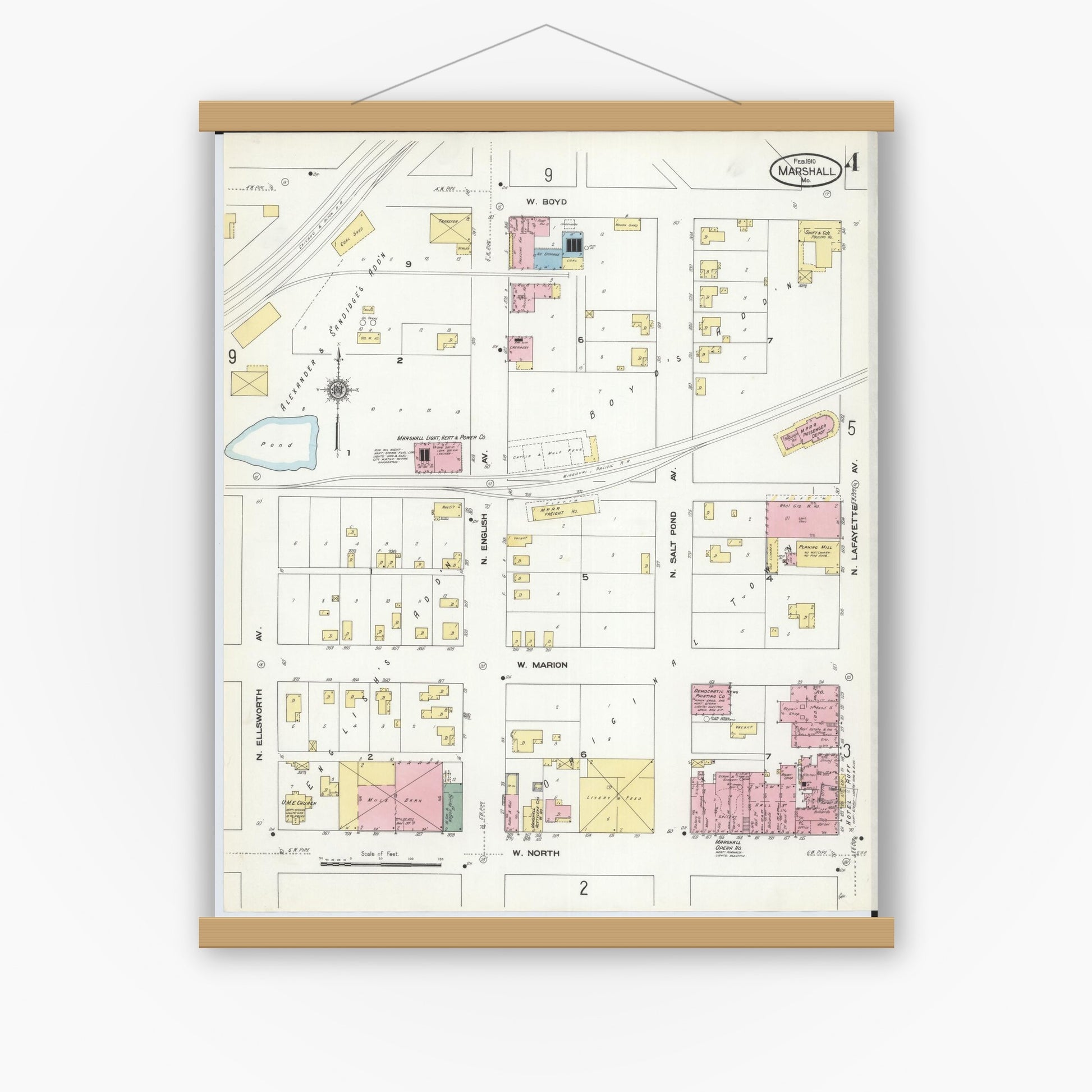 Old map wall art mockup — magnetic wood frame on white wall — Sanborn Fire Insurance Map from Marshall, Saline County, Missouri (1910), Sheet #0004