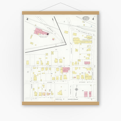 Old map wall art mockup — magnetic wood frame on white wall — Sanborn Fire Insurance Map from Monroe, Union County, North Carolina (1930), Sheet #0004