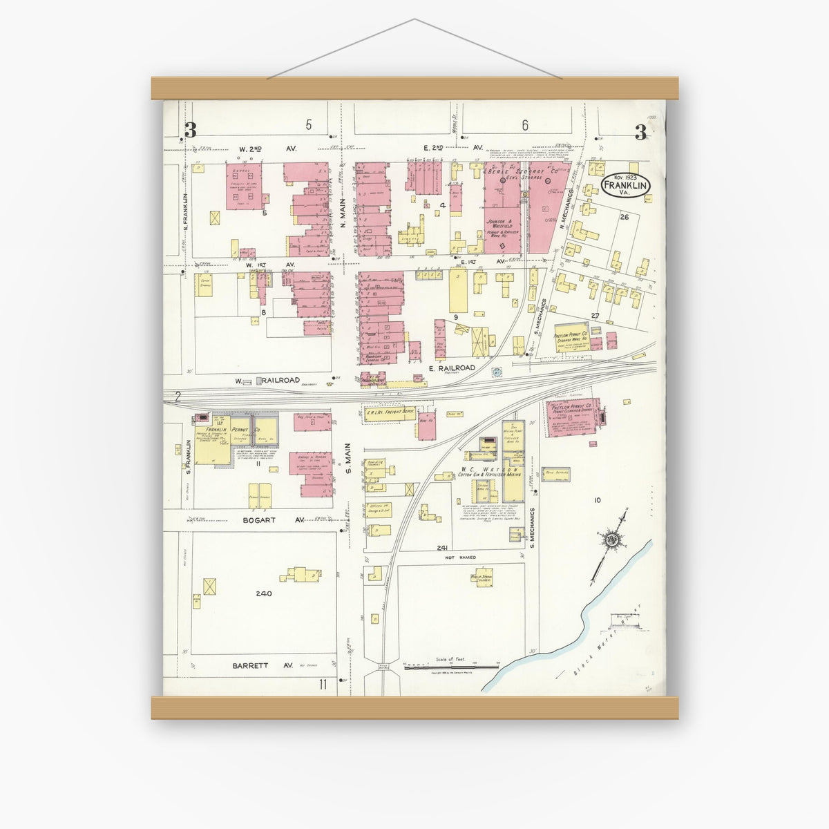 Old map wall art mockup — magnetic wood frame on white wall — Sanborn Fire Insurance Map from Franklin, Independent Cities, Virginia (1923), Sheet #0003