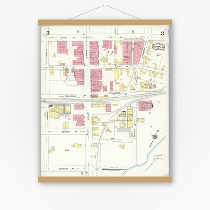 Old map wall art mockup — magnetic wood frame on white wall — Sanborn Fire Insurance Map from Franklin, Independent Cities, Virginia (1923), Sheet #0003