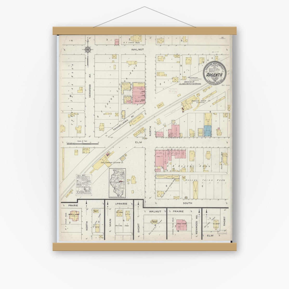 Old map wall art mockup — magnetic wood frame on white wall — Sanborn Fire Insurance Map from Argenta, Macon County, Illinois (1915), Sheet #0001