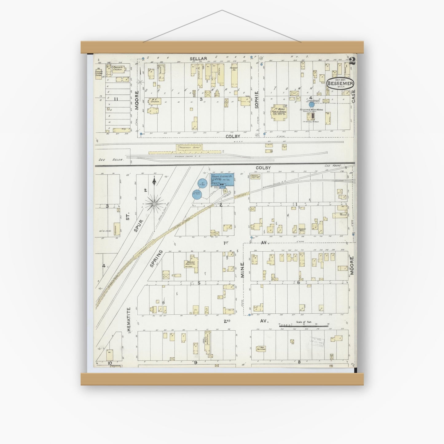 Old map wall art mockup — magnetic wood frame on white wall — Sanborn Fire Insurance Map from Bessemer, Gogebic County, Michigan (1891), Sheet #0002