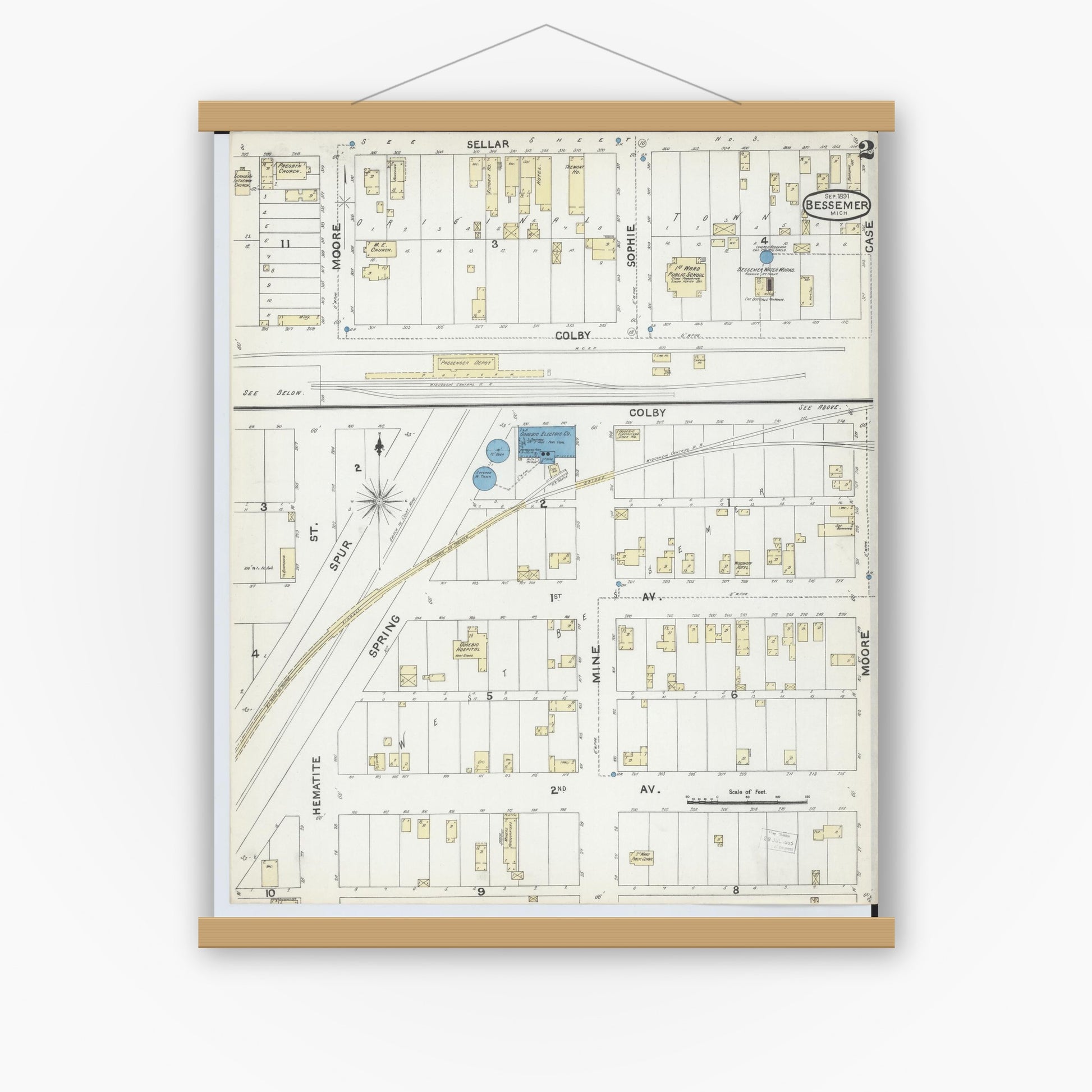 Old map wall art mockup — magnetic wood frame on white wall — Sanborn Fire Insurance Map from Bessemer, Gogebic County, Michigan (1891), Sheet #0002