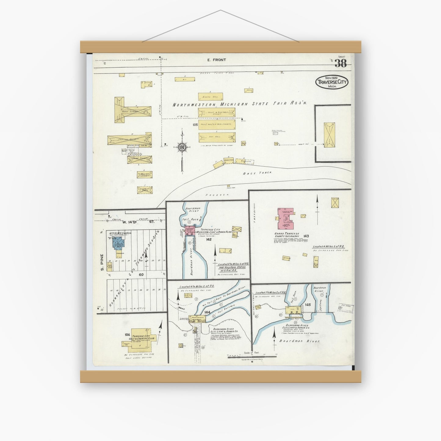 Old map wall art mockup — magnetic wood frame on white wall — Sanborn Fire Insurance Map from Traverse City, Grand Traverse County, Michigan (1920), Sheet #0038