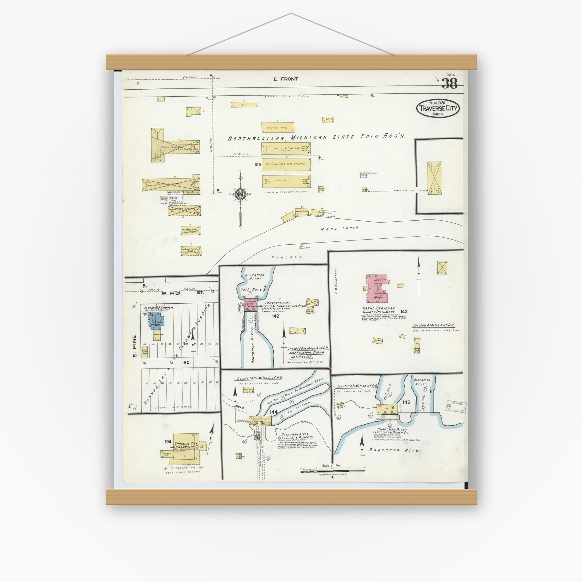 Old map wall art mockup — magnetic wood frame on white wall — Sanborn Fire Insurance Map from Traverse City, Grand Traverse County, Michigan (1920), Sheet #0038