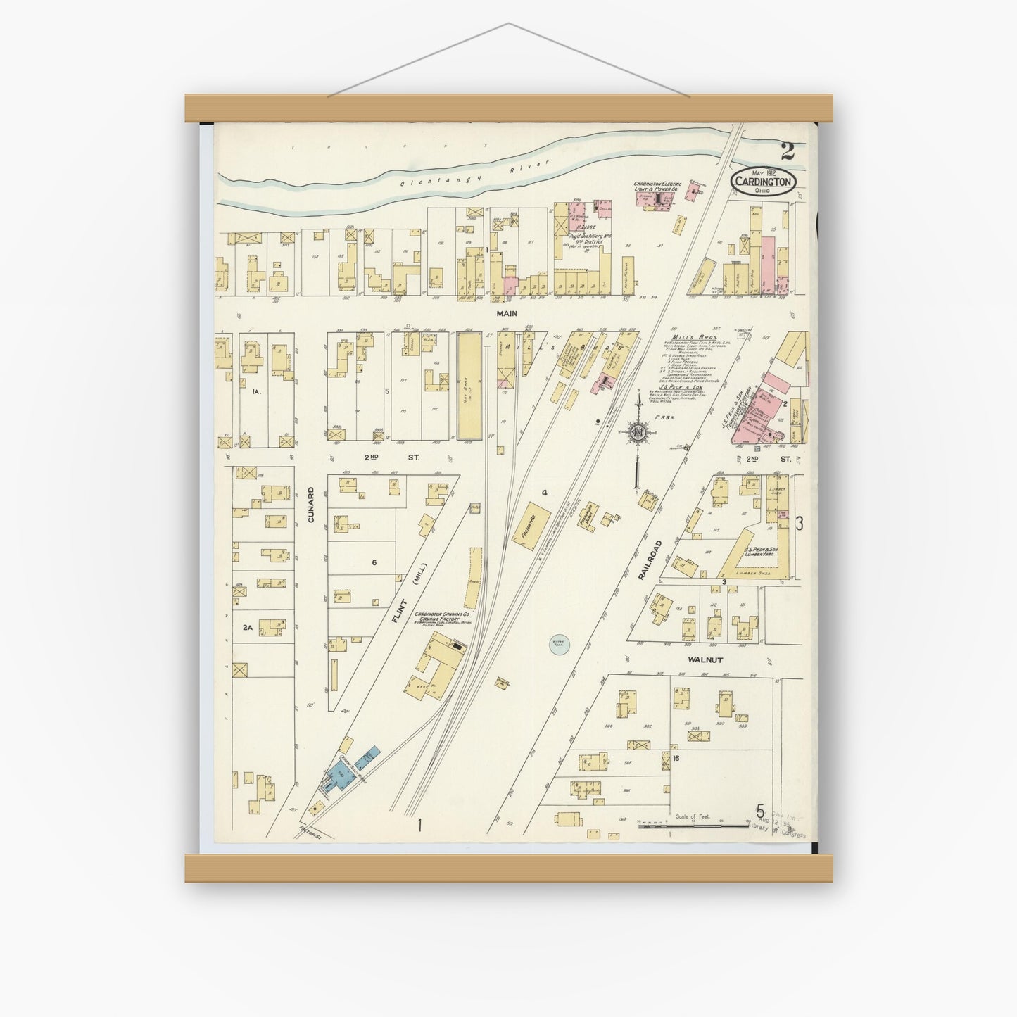 Old map wall art mockup — magnetic wood frame on white wall — Sanborn Fire Insurance Map from Cardington, Morrow County, Ohio (1912), Sheet #0002