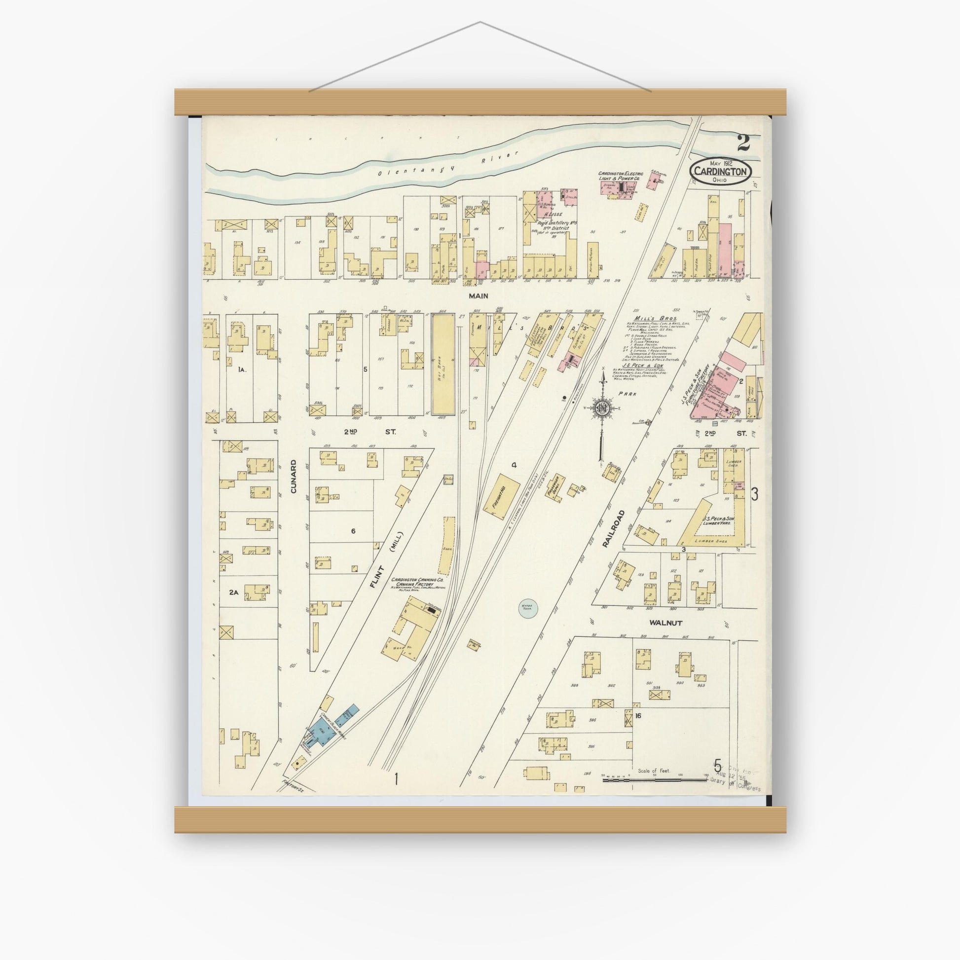 Old map wall art mockup — magnetic wood frame on white wall — Sanborn Fire Insurance Map from Cardington, Morrow County, Ohio (1912), Sheet #0002