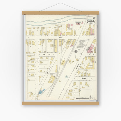 Old map wall art mockup — magnetic wood frame on white wall — Sanborn Fire Insurance Map from Cardington, Morrow County, Ohio (1912), Sheet #0002