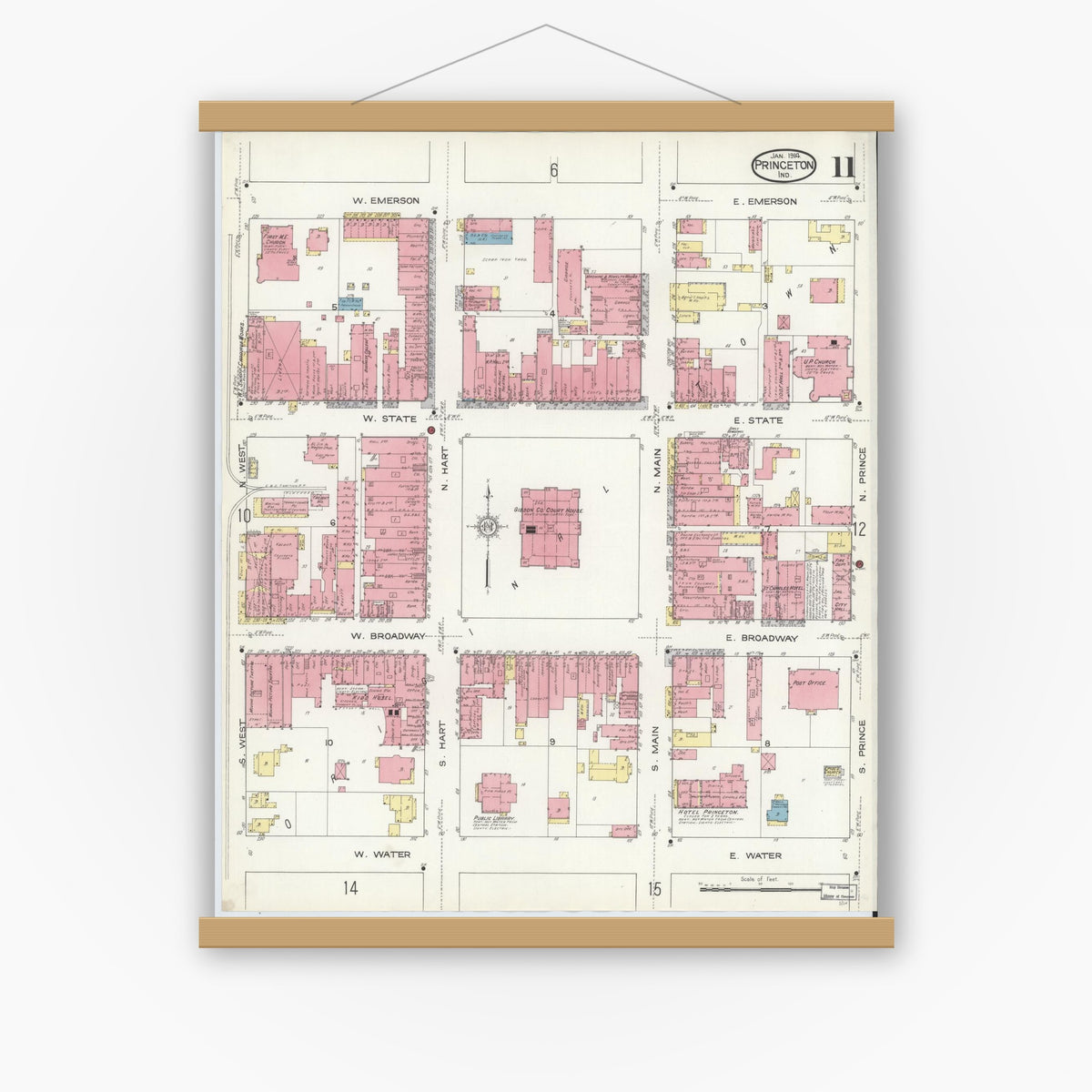 Old map wall art mockup — magnetic wood frame on white wall — Sanborn Fire Insurance Map from Princeton, Gibson County, Indiana (1914), Sheet #0011