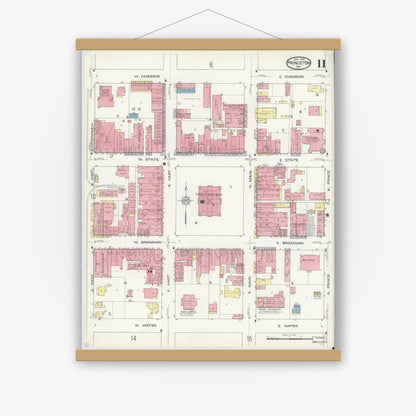 Old map wall art mockup — magnetic wood frame on white wall — Sanborn Fire Insurance Map from Princeton, Gibson County, Indiana (1914), Sheet #0011