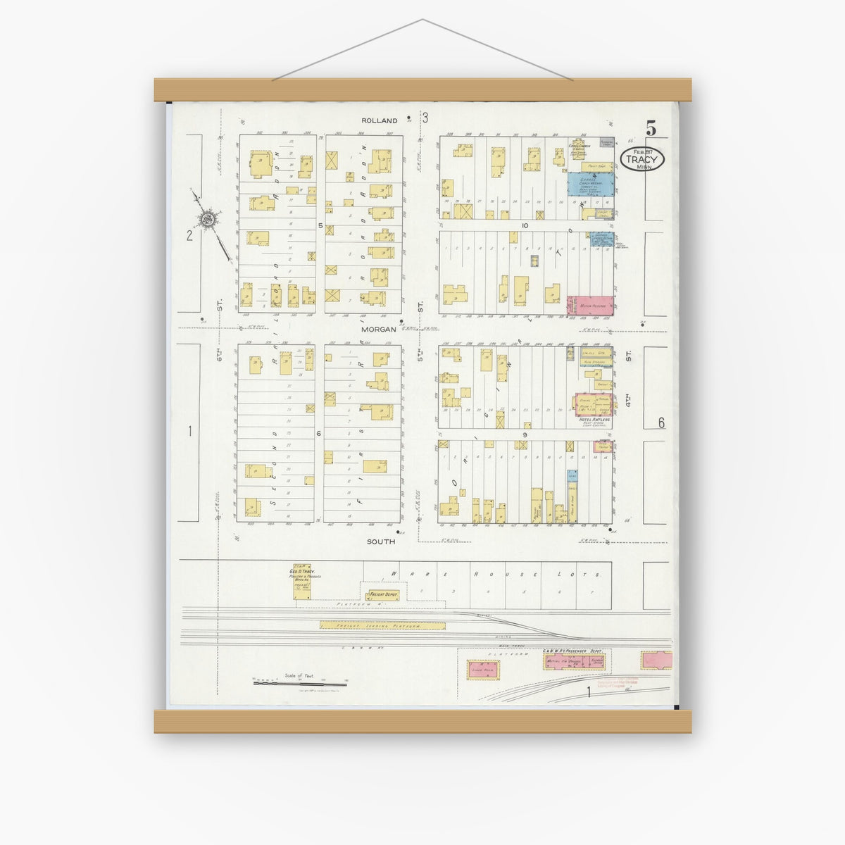 Old map wall art mockup — magnetic wood frame on white wall — Sanborn Fire Insurance Map from Tracy, Lyon County, Minnesota (1917), Sheet #0005