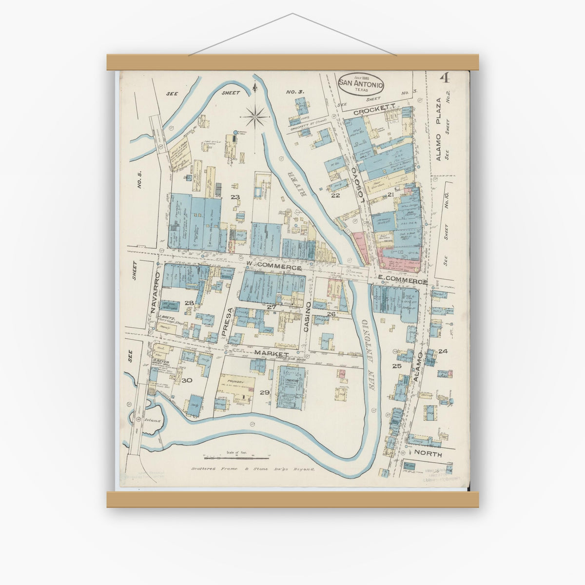 Old map wall art mockup — magnetic wood frame on white wall — Sanborn Fire Insurance Map from San Antonio, Bexar County, Texas (1885), Sheet #0004