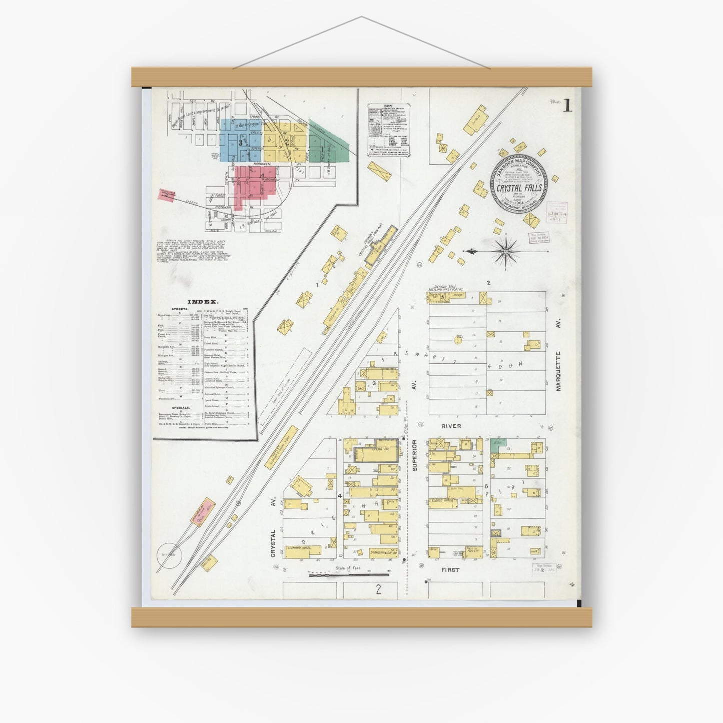 Old map wall art mockup — magnetic wood frame on white wall — Sanborn Fire Insurance Map from Crystal Falls, Iron County, Michigan (1904), Sheet #0001