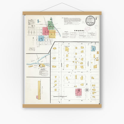 Old map wall art mockup — magnetic wood frame on white wall — Sanborn Fire Insurance Map from Rock Rapids, Lyon County, Iowa (1899), Sheet #0001