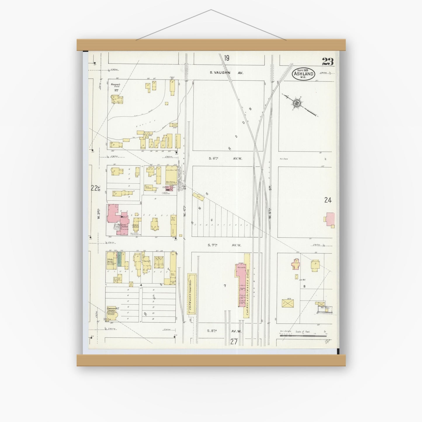 Old map wall art mockup — magnetic wood frame on white wall — Sanborn Fire Insurance Map from Ashland, Ashland County, Wisconsin (1909), Sheet #0023