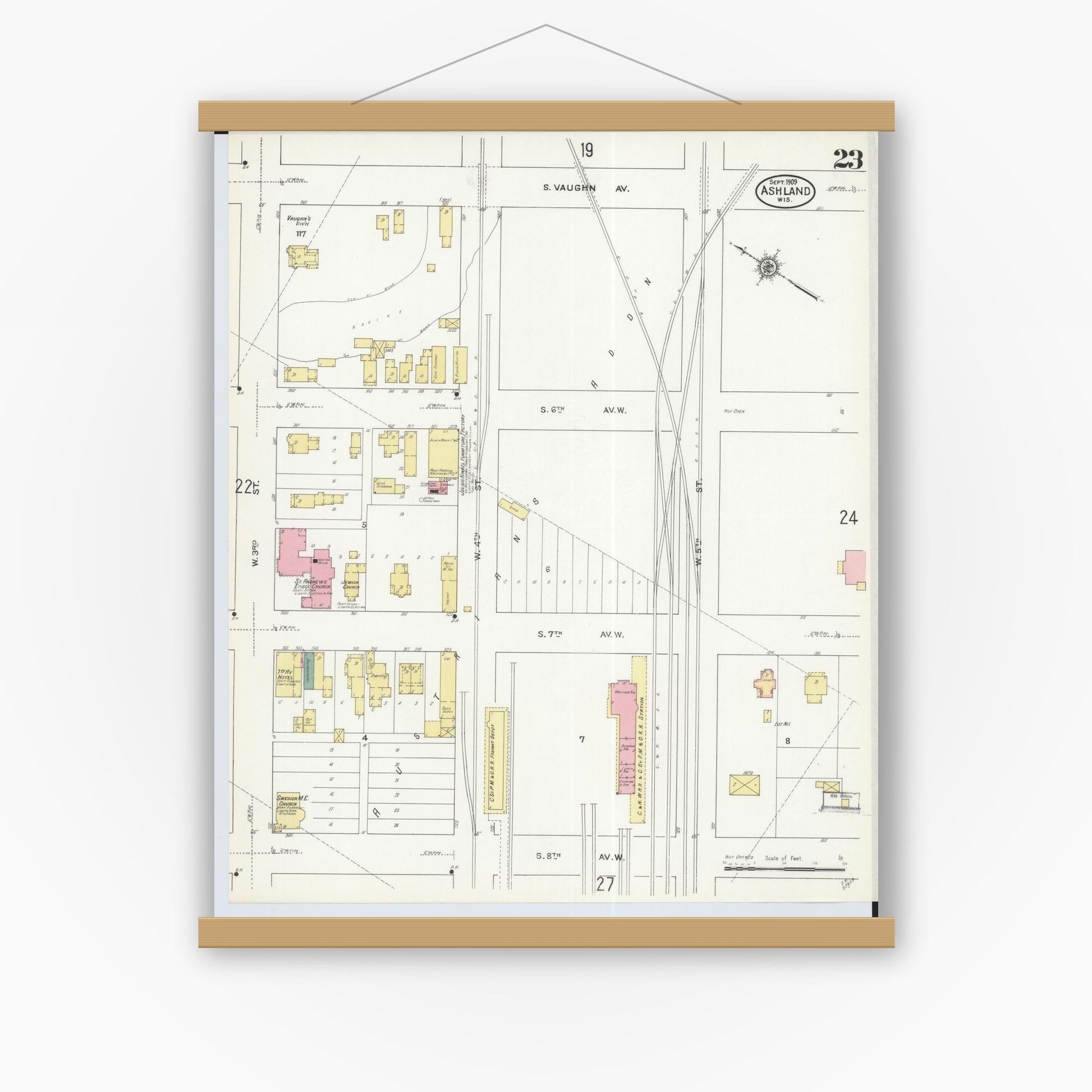 Old map wall art mockup — magnetic wood frame on white wall — Sanborn Fire Insurance Map from Ashland, Ashland County, Wisconsin (1909), Sheet #0023