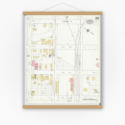 Old map wall art mockup — magnetic wood frame on white wall — Sanborn Fire Insurance Map from Ashland, Ashland County, Wisconsin (1909), Sheet #0023