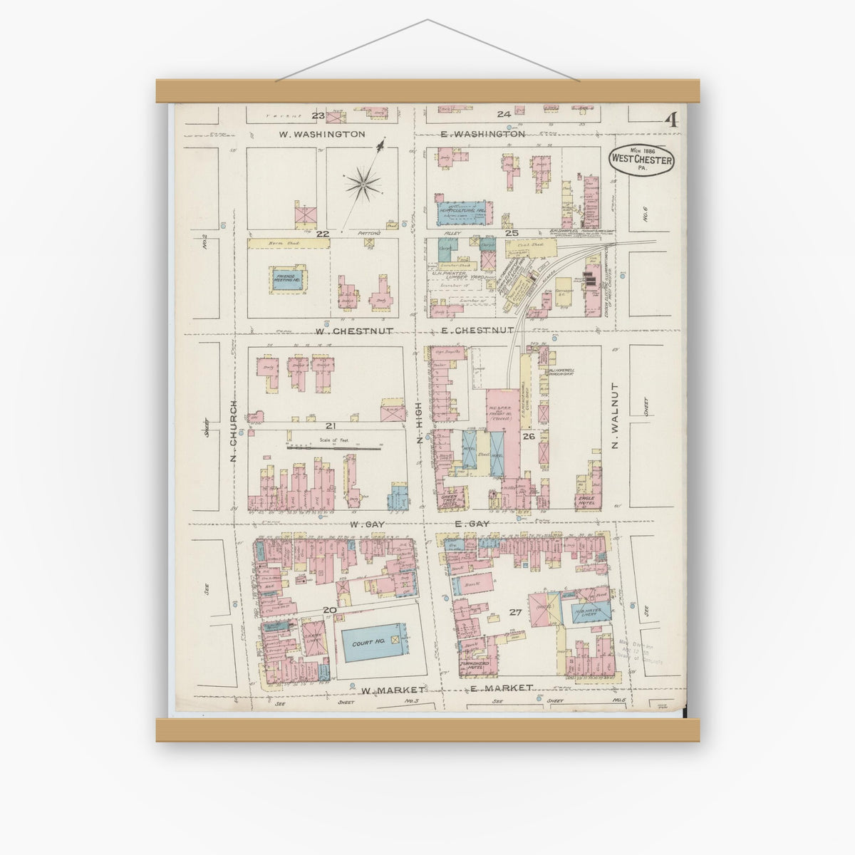 Old map wall art mockup — magnetic wood frame on white wall — Sanborn Fire Insurance Map from West Chester, Chester County, Pennsylvania (1886), Sheet #0004