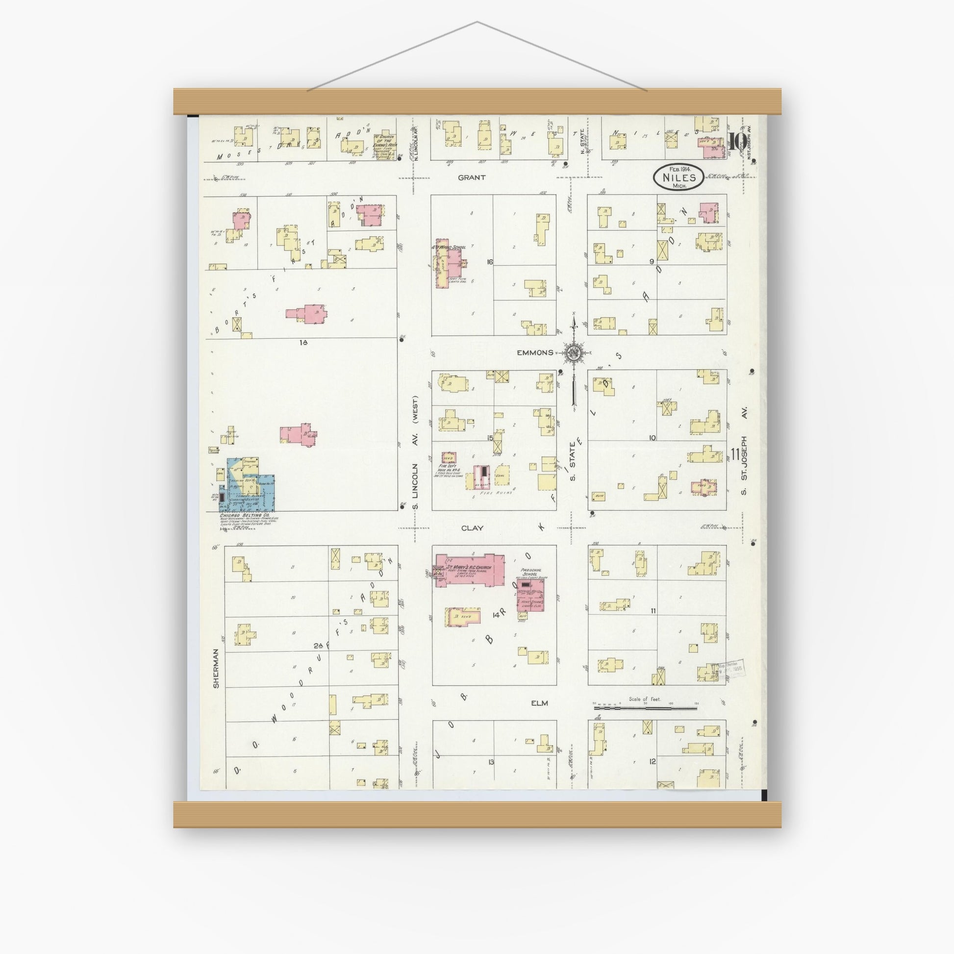 Old map wall art mockup — magnetic wood frame on white wall — Sanborn Fire Insurance Map from Niles, Berrien County, Michigan (1914), Sheet #0010