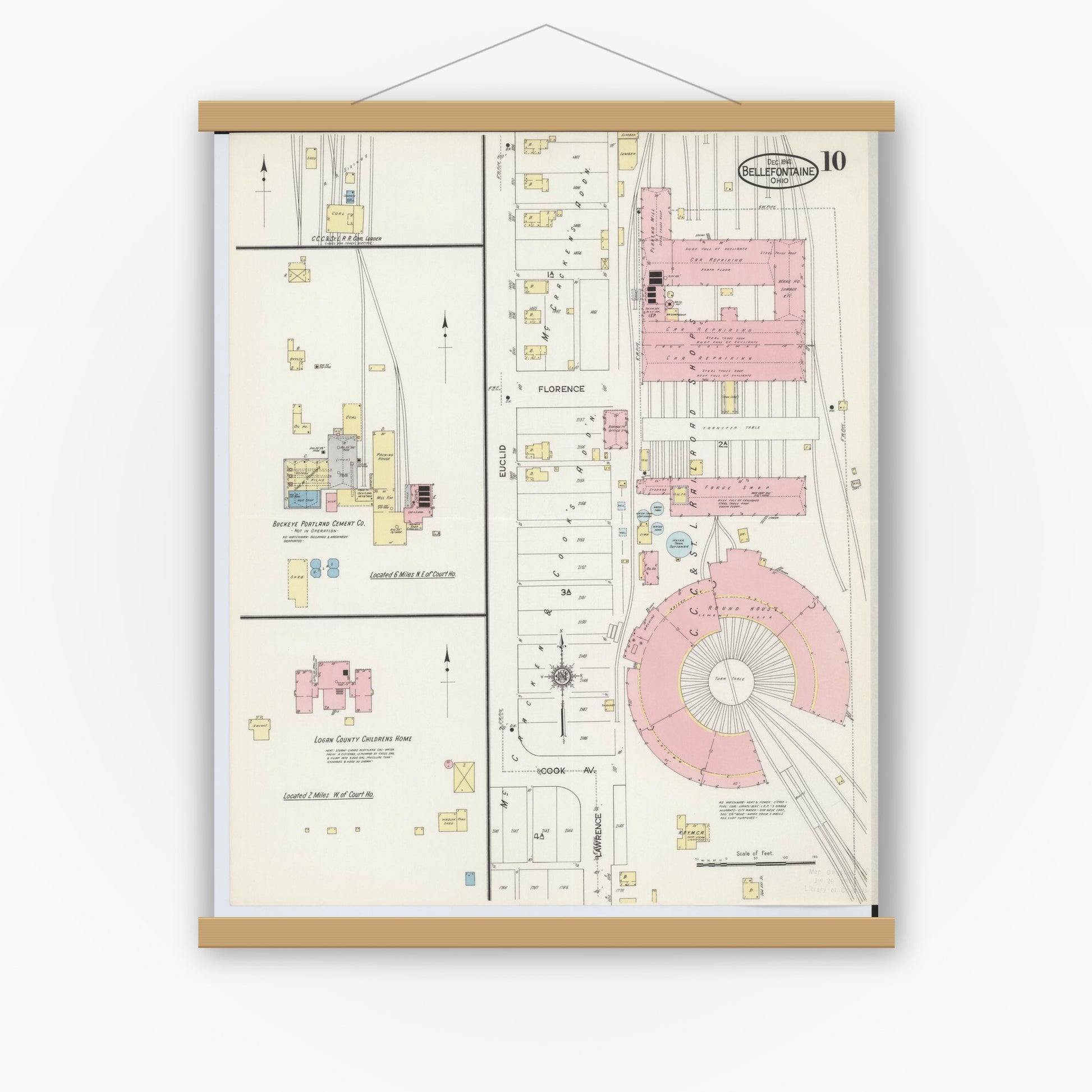 Old map wall art mockup — magnetic wood frame on white wall — Sanborn Fire Insurance Map from Bellefontaine, Logan County, Ohio (1914), Sheet #0010