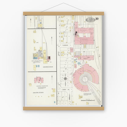 Old map wall art mockup — magnetic wood frame on white wall — Sanborn Fire Insurance Map from Bellefontaine, Logan County, Ohio (1914), Sheet #0010