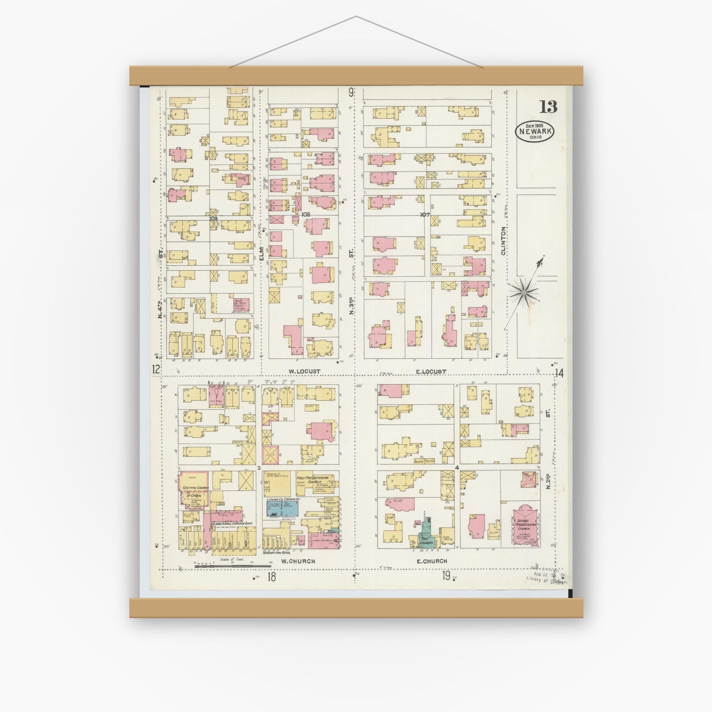 Old map wall art mockup — magnetic wood frame on white wall — Sanborn Fire Insurance Map from Newark, Licking County, Ohio (1905), Sheet #0013