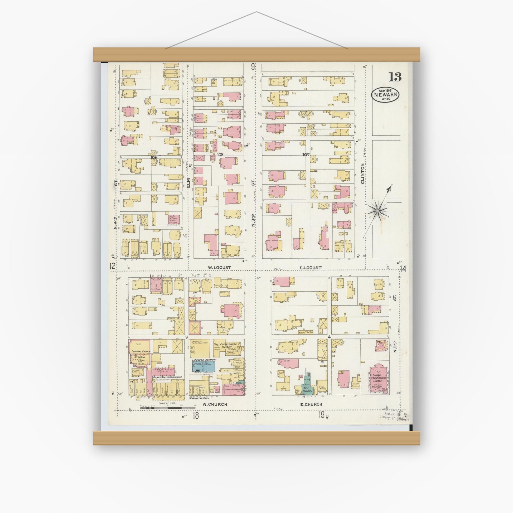 Old map wall art mockup — magnetic wood frame on white wall — Sanborn Fire Insurance Map from Newark, Licking County, Ohio (1905), Sheet #0013