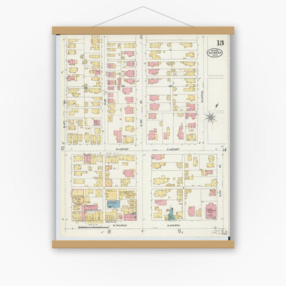 Old map wall art mockup — magnetic wood frame on white wall — Sanborn Fire Insurance Map from Newark, Licking County, Ohio (1905), Sheet #0013